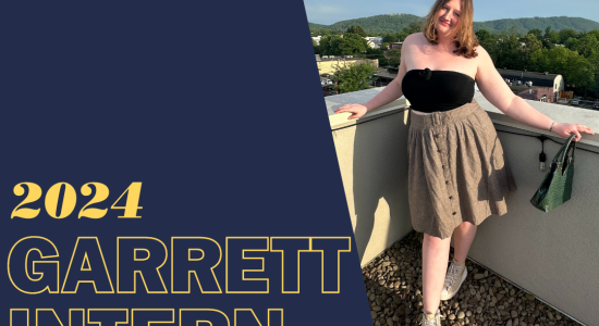 Split image with left side containing yellow text on blue background reading "2024 Garrett Intern" and image of Garrett Scholarship Recipient Jackie Bond on right.